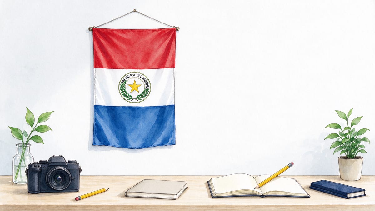 Conceptual scene: blank notebook, pencil, unbranded camera and a Paraguay flag.