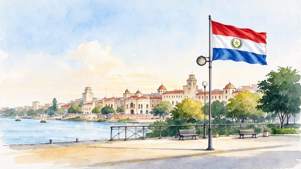 Conceptual scene: riverside with trees and buildings and a Paraguay flag.
