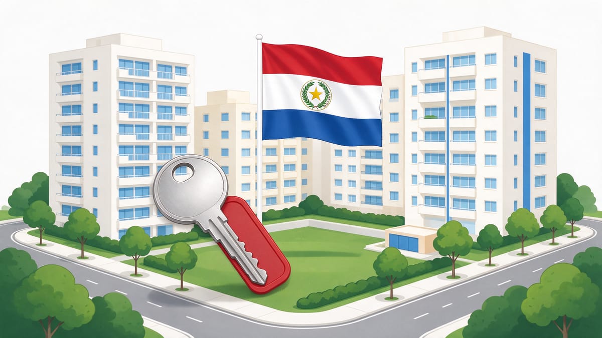 Conceptual scene: leafy residential blocks, house key and a Paraguay flag.