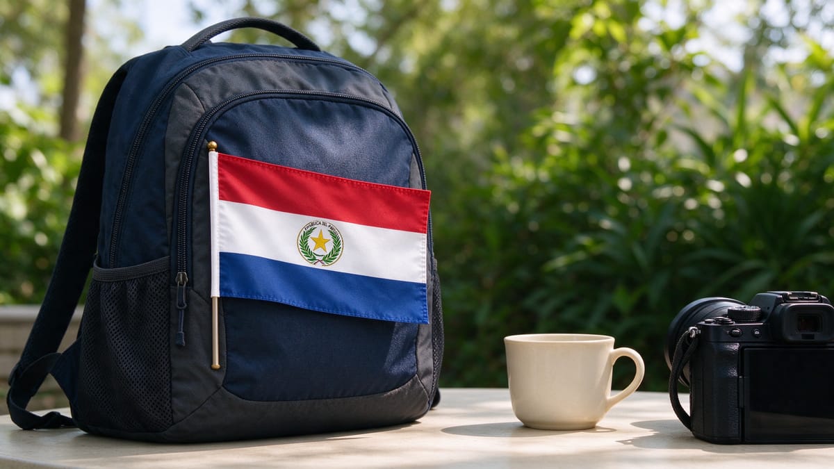 Conceptual scene: backpack, unbranded camera and a Paraguay flag.