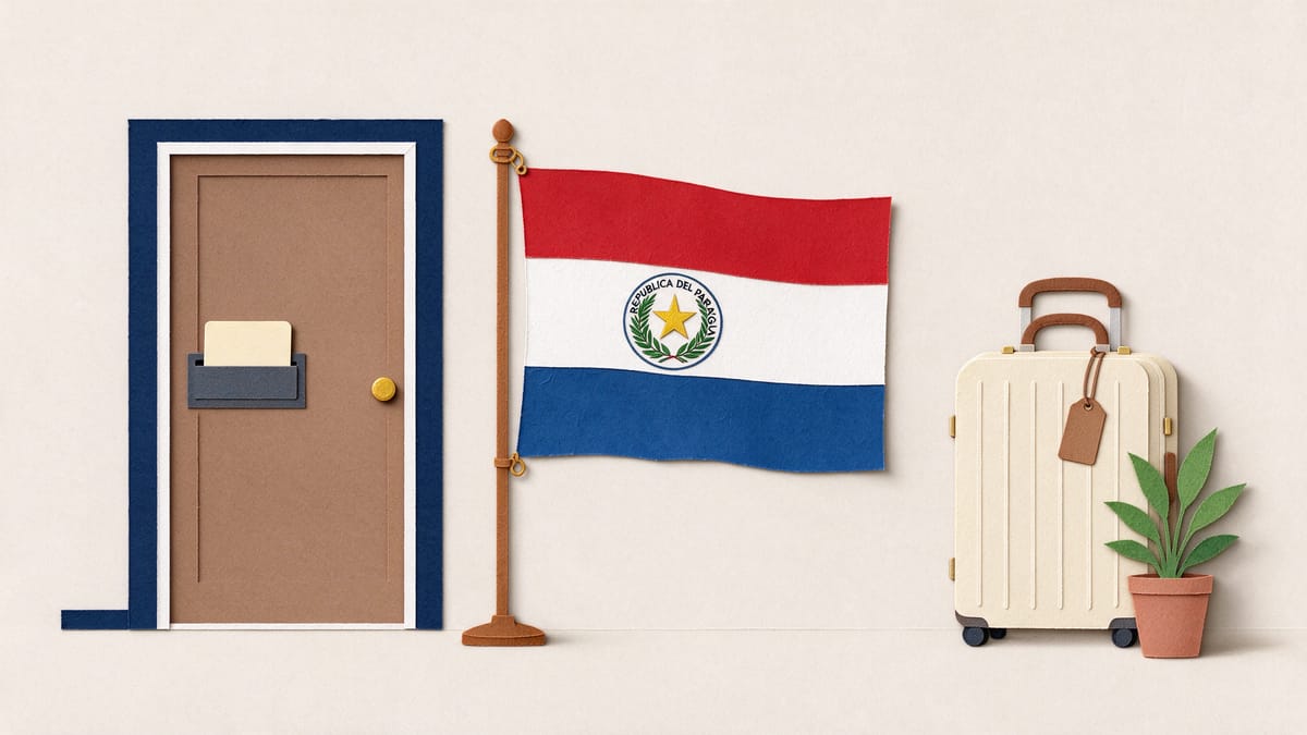 Conceptual scene: suitcase, blank room-key card, conceptual hotel entrance and a Paraguay flag.