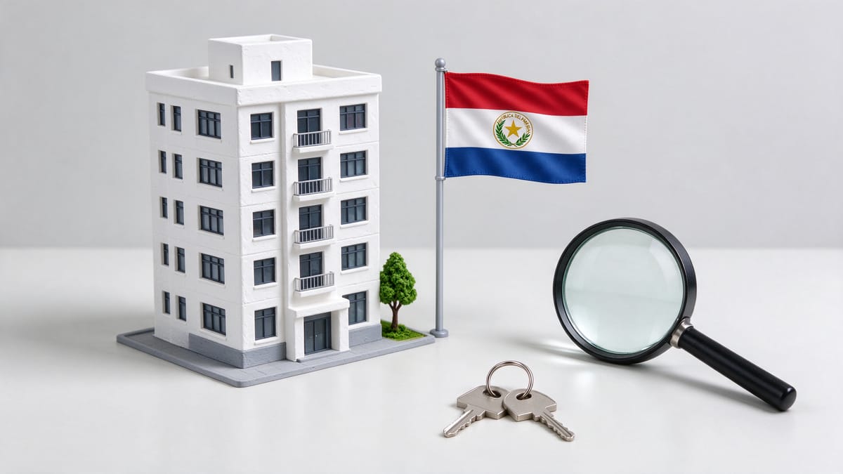Conceptual scene: miniature apartment building, house key, magnifying glass and a Paraguay flag.