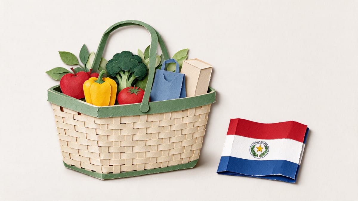 Conceptual scene: shopping basket, unbranded groceries and a Paraguay flag.