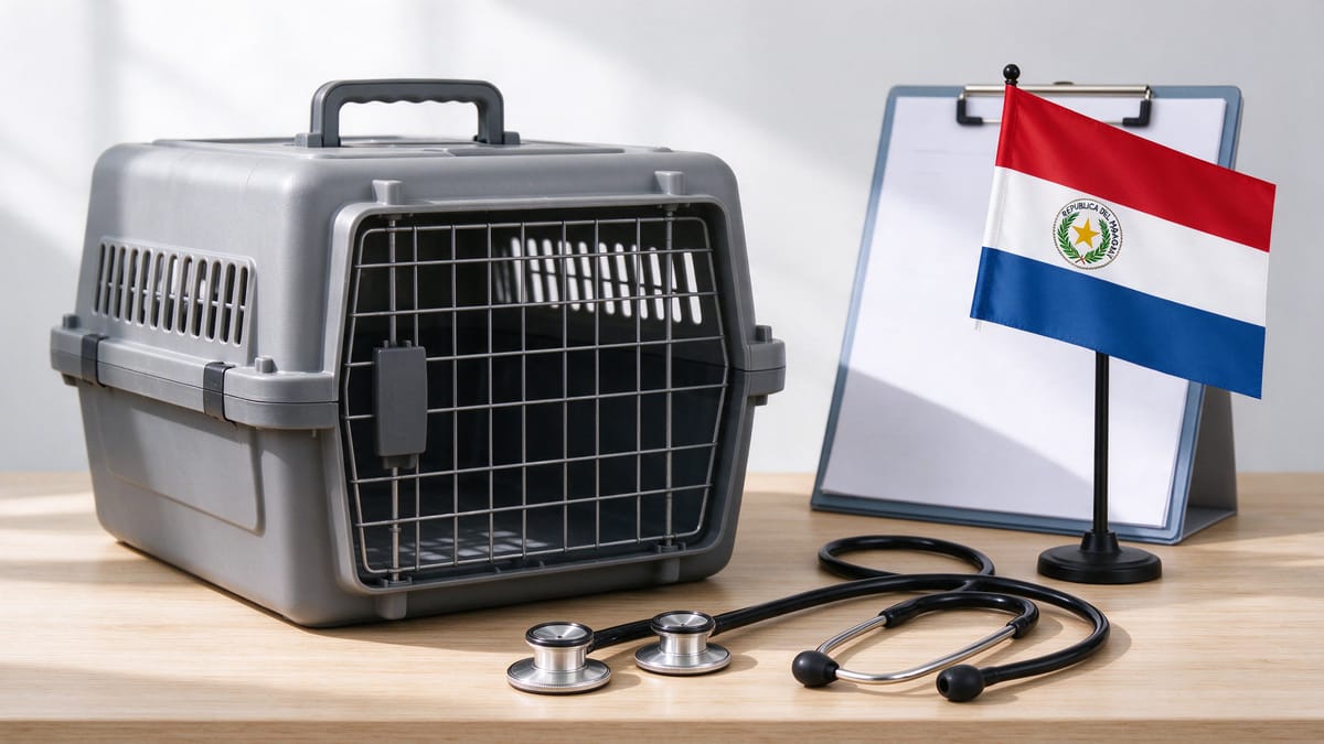 Conceptual scene: empty pet carrier, stethoscope, document folder and a Paraguay flag.