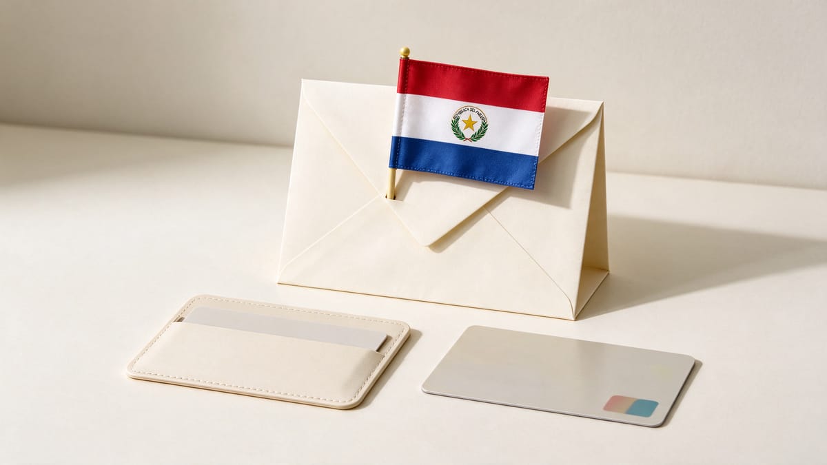 Conceptual scene: card holder, blank bank card, blank envelope and a Paraguay flag.