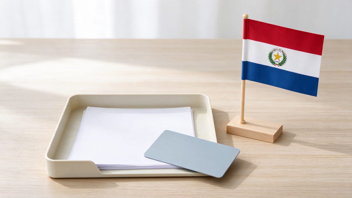 Conceptual scene: document tray, blank bank card and a Paraguay flag.
