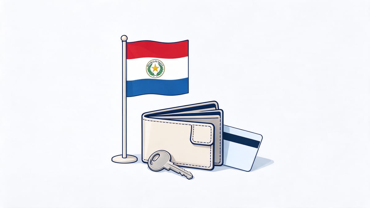 Conceptual scene: wallet, house key, blank bank card and a Paraguay flag.