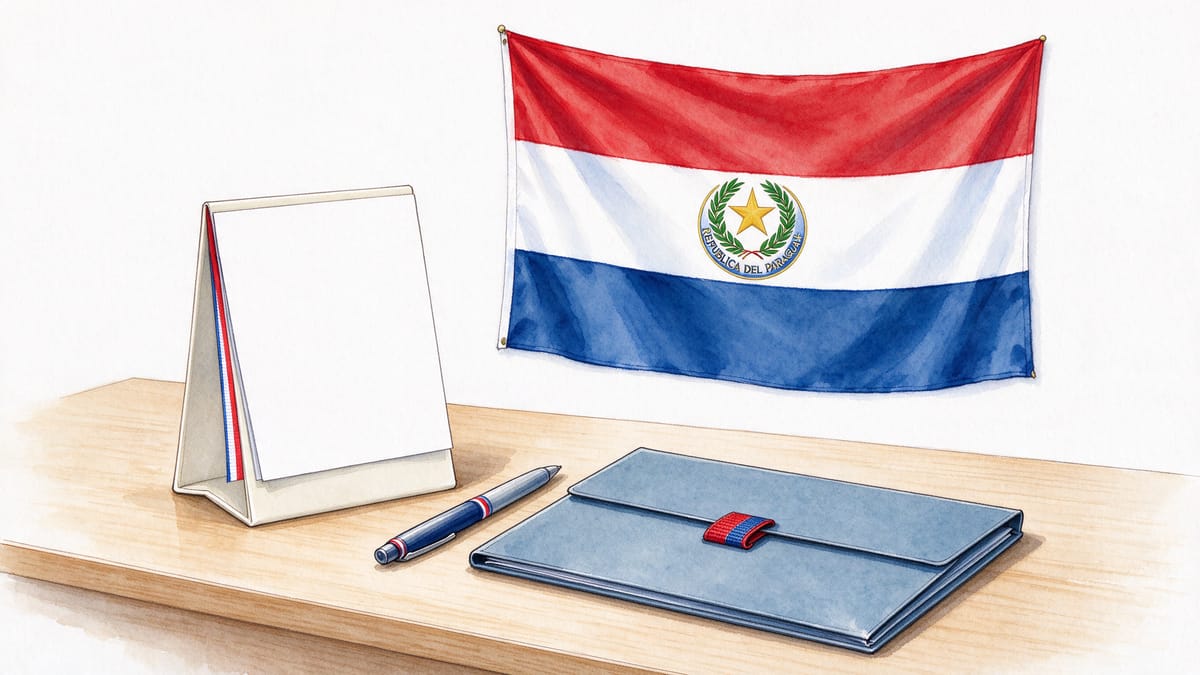 Conceptual scene: card holder, fountain pen, document folder and a Paraguay flag.