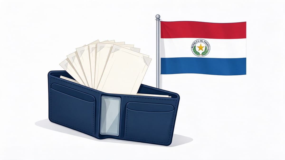 Conceptual scene: wallet, blank banknote-sized slips and a Paraguay flag.