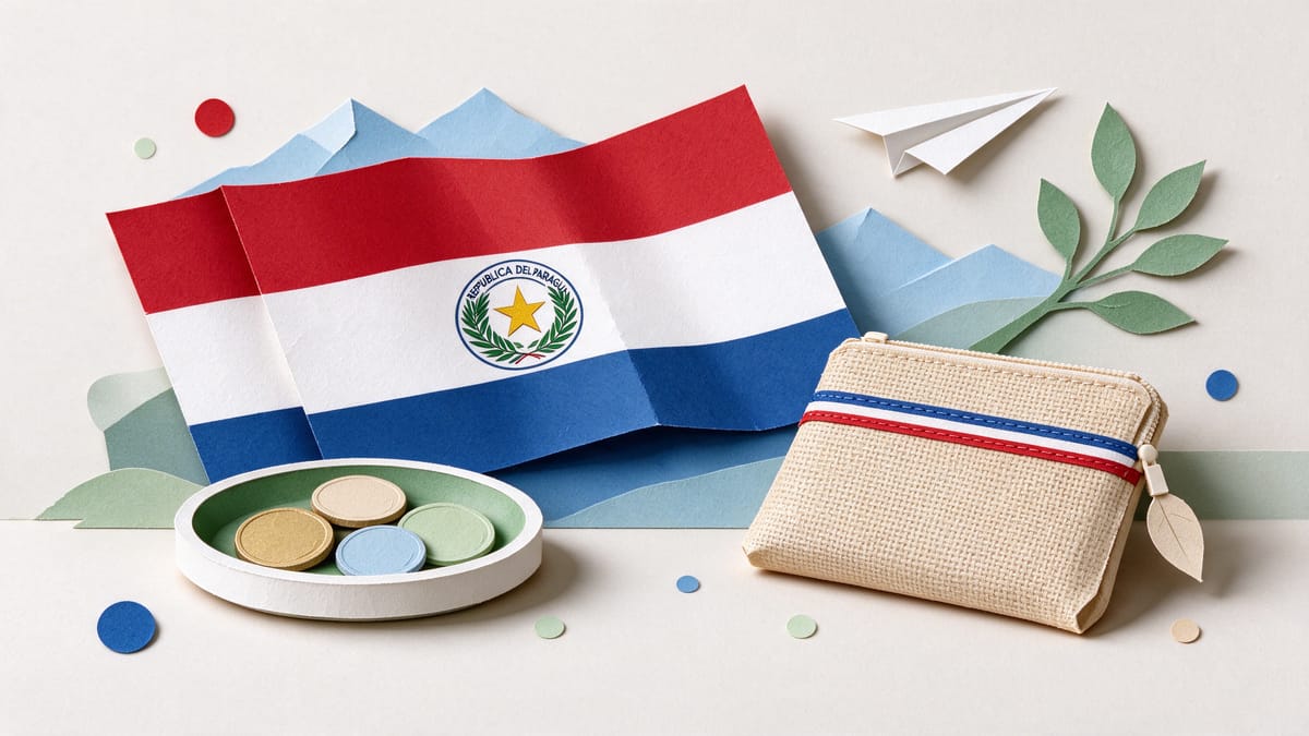 Conceptual scene: coin tray, travel pouch and a Paraguay flag.