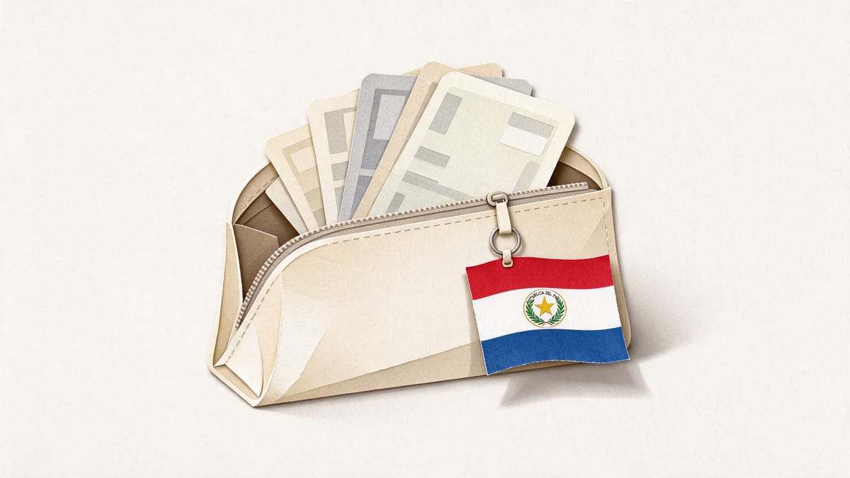Conceptual scene: travel pouch, blank banknote-sized slips and a Paraguay flag.