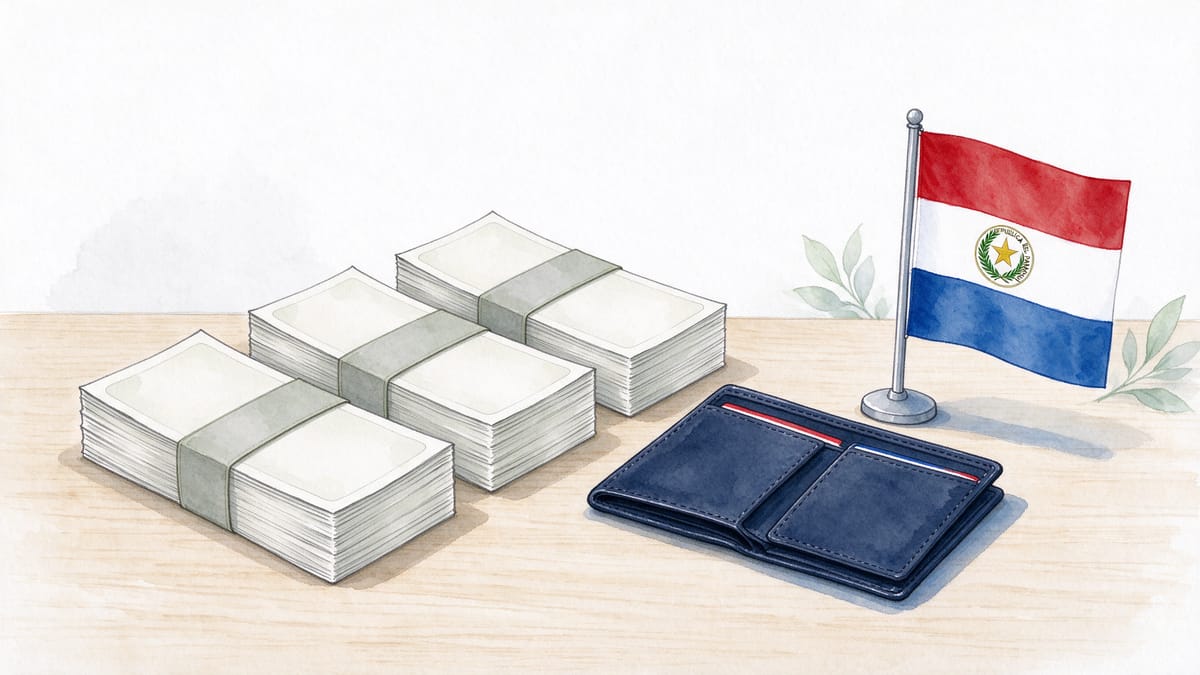 Conceptual scene: blank banknote-sized slips, wallet and a Paraguay flag.