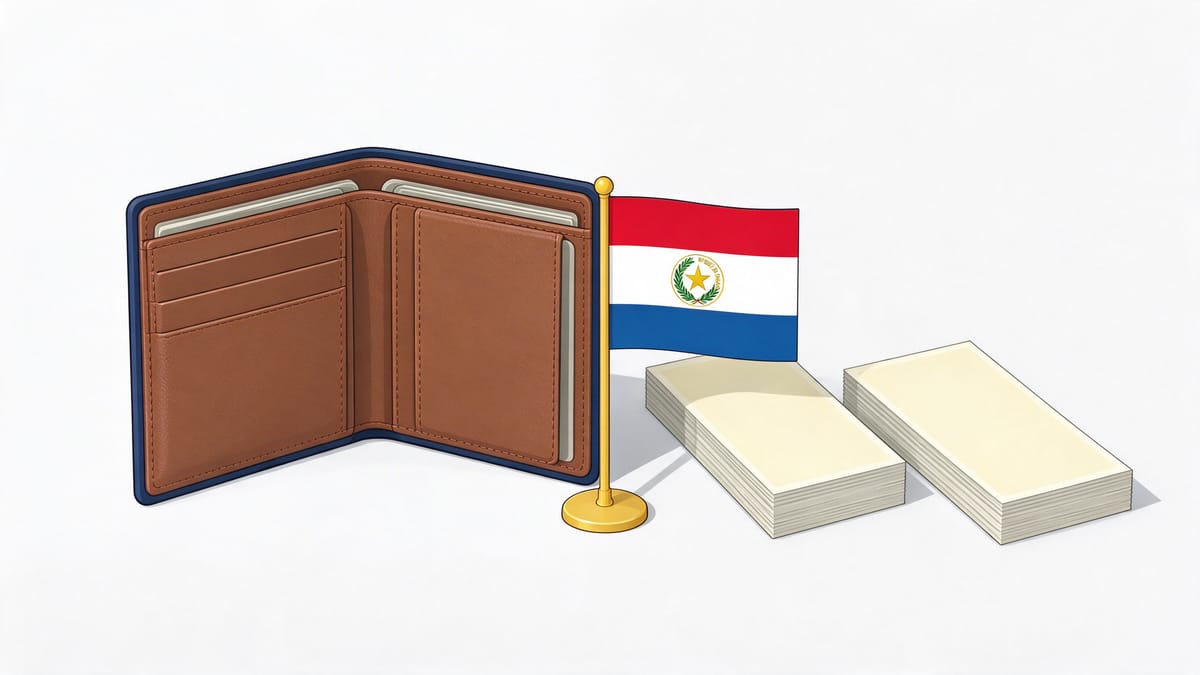 Conceptual scene: wallet, blank banknote-sized slips and a Paraguay flag.
