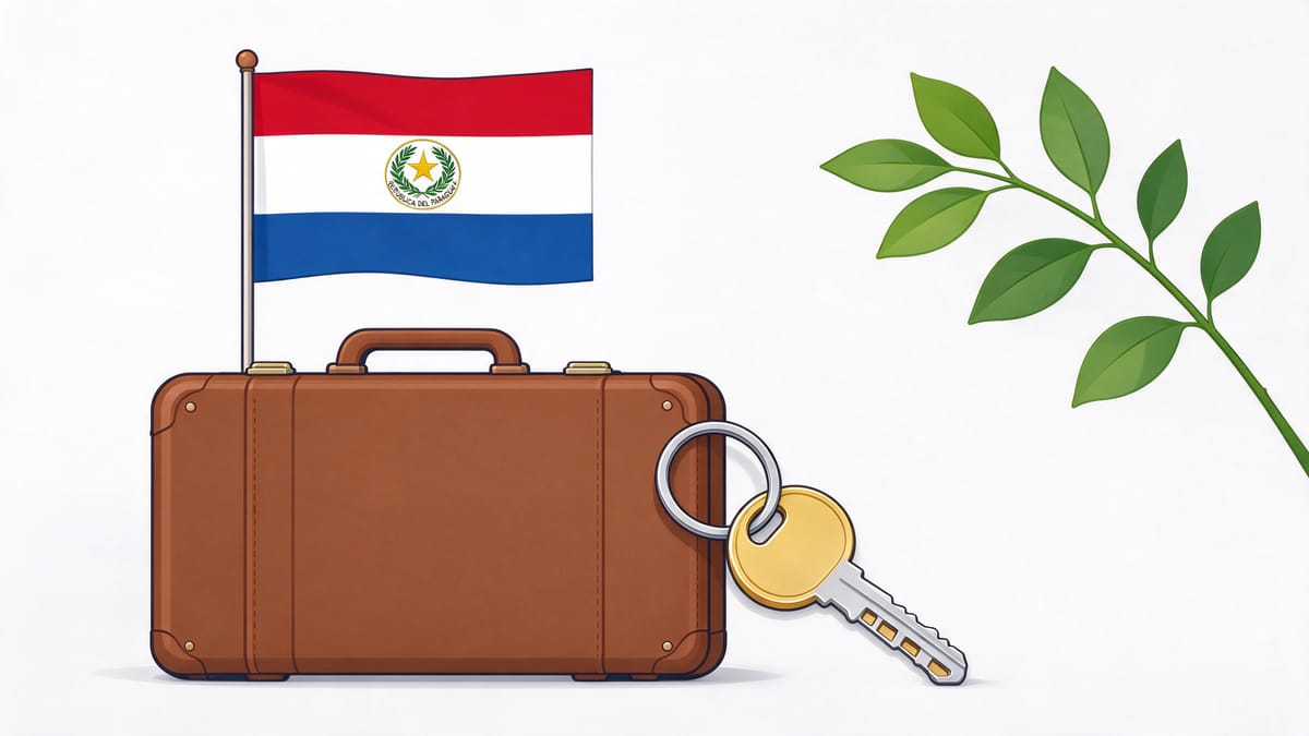 Conceptual scene: suitcase, house key, leafy branch and a Paraguay flag.