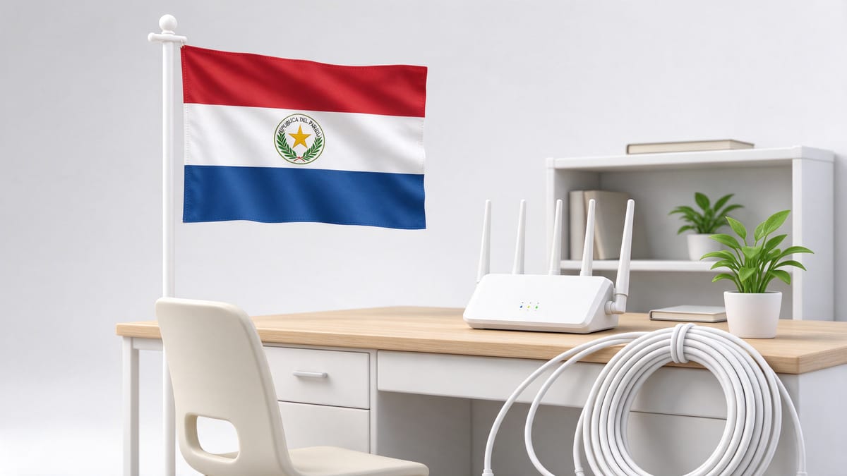 Conceptual scene: unbranded router, network cable and a Paraguay flag.