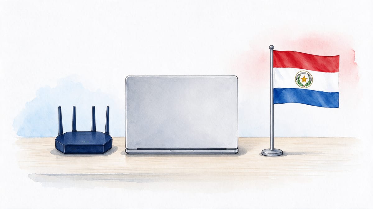 Conceptual scene: unbranded router, closed laptop and a Paraguay flag.