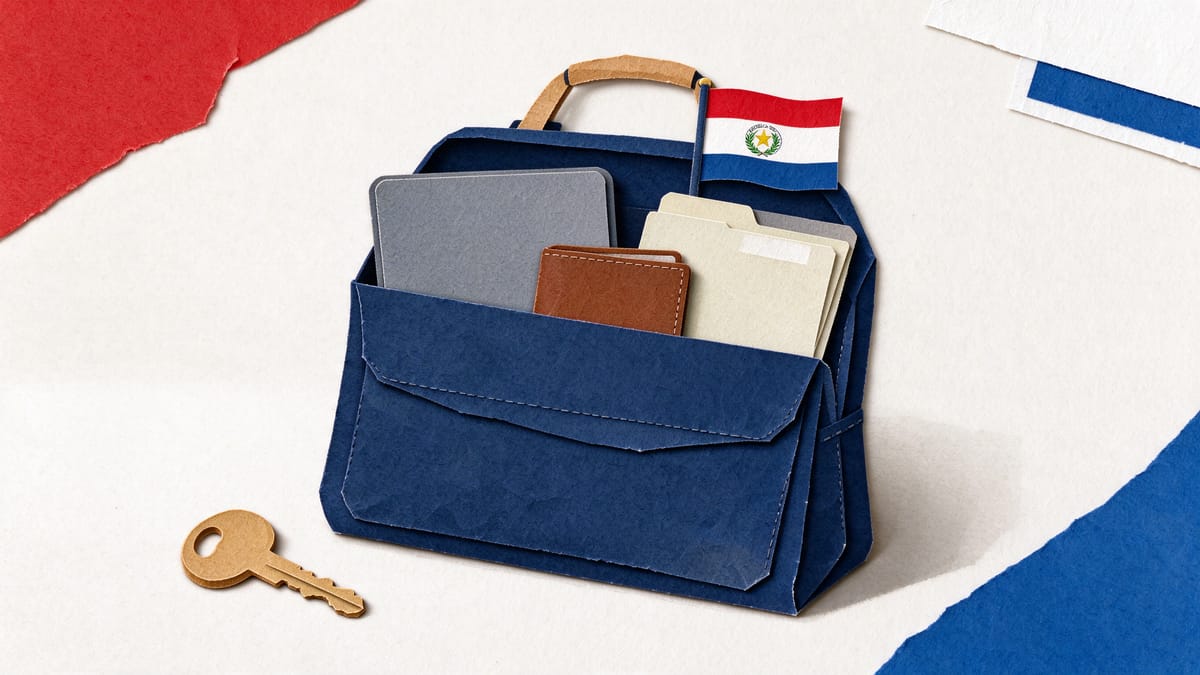 Conceptual scene: house key, closed laptop, wallet and a Paraguay flag.