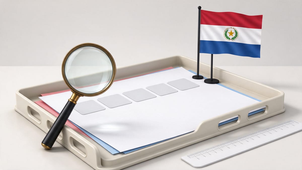 Conceptual scene: magnifying glass, blank sheets, ruler without numbers and a Paraguay flag.