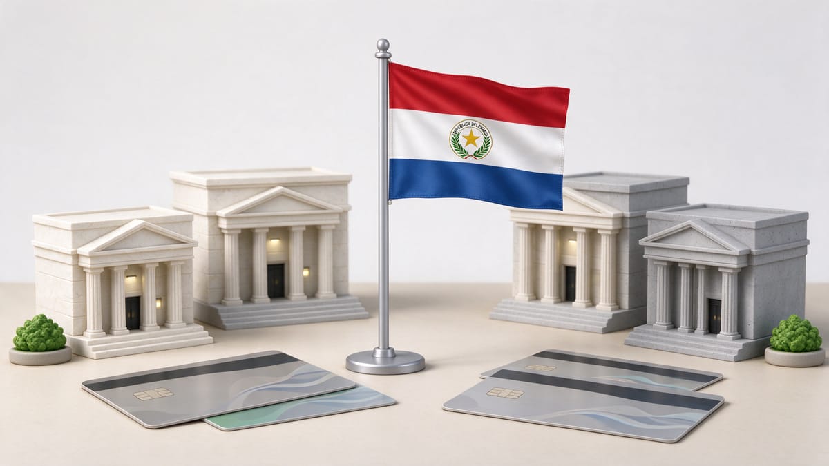 Conceptual scene: blank bank card, miniature bank buildings and a Paraguay flag.
