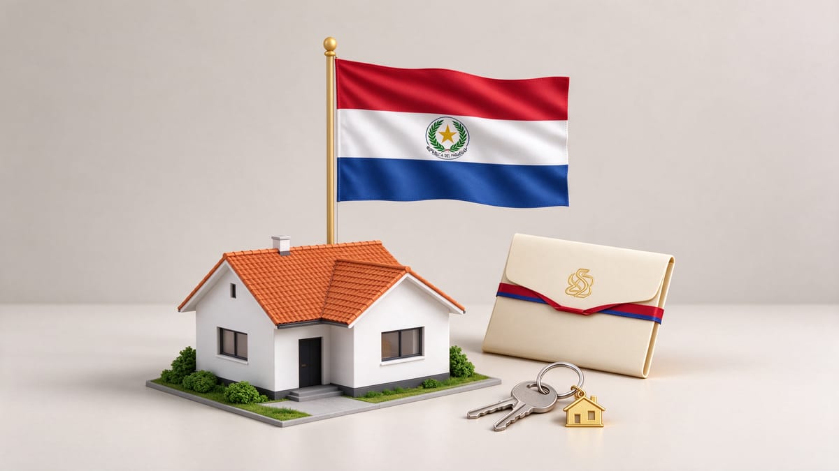 Conceptual scene: miniature house, house key, document folder and a Paraguay flag.