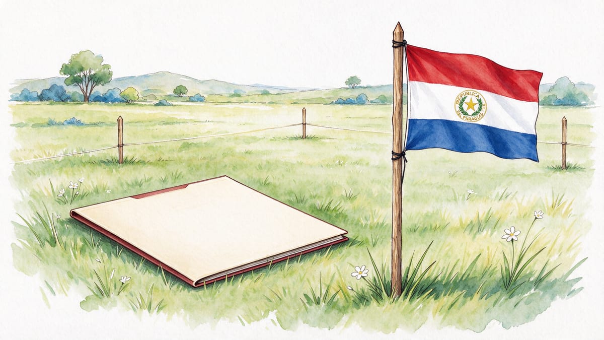 Conceptual scene: plot with boundary stakes, document folder and a Paraguay flag.