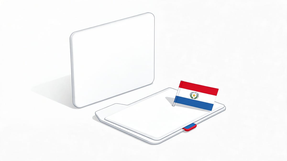 Conceptual scene: blank identity card, document folder and a Paraguay flag.