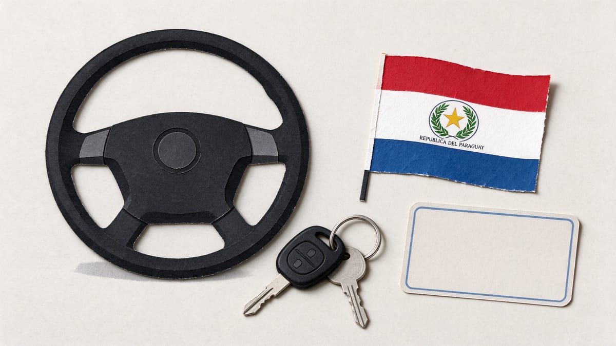 Conceptual scene: steering wheel, car key, blank license-shaped card and a Paraguay flag.