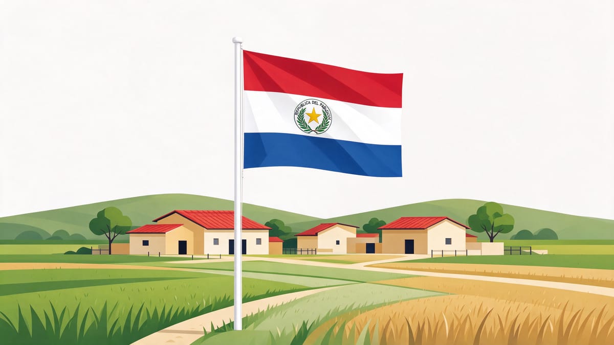 Conceptual scene: cultivated fields and rural houses and a Paraguay flag.