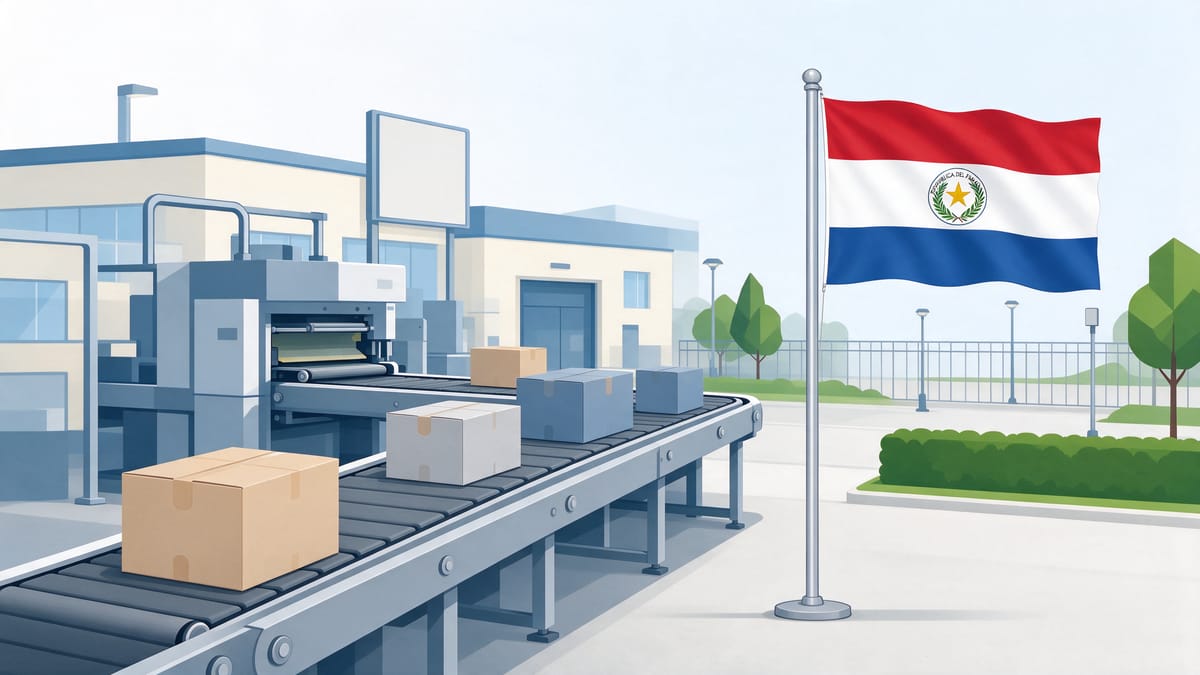 Conceptual scene: conceptual production line and a Paraguay flag.