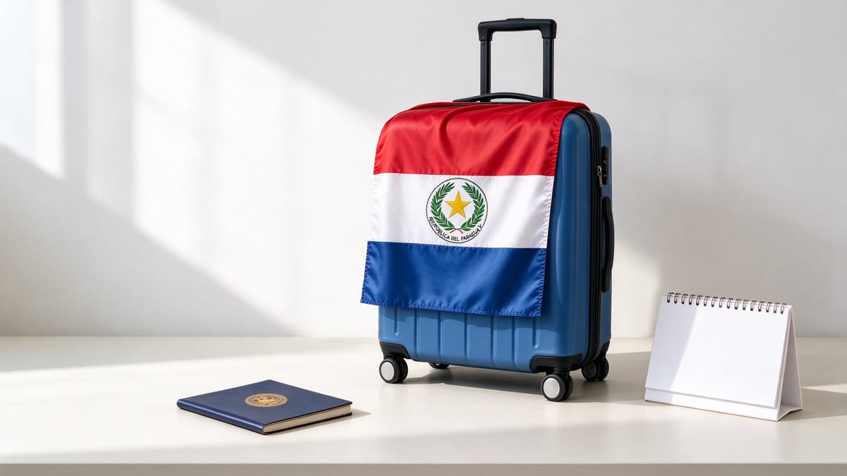 Conceptual scene: suitcase, closed unmarked passport, blank calendar and a Paraguay flag.
