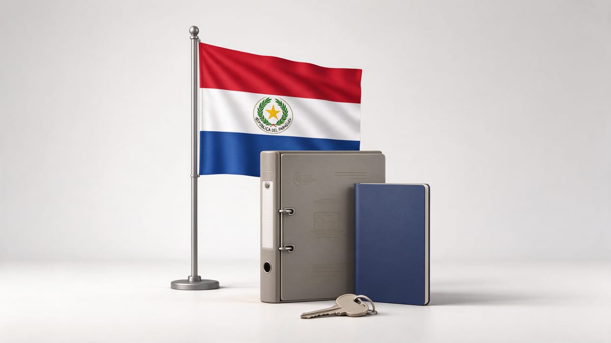 Conceptual scene: document binder, house key, closed unmarked passport and a Paraguay flag.