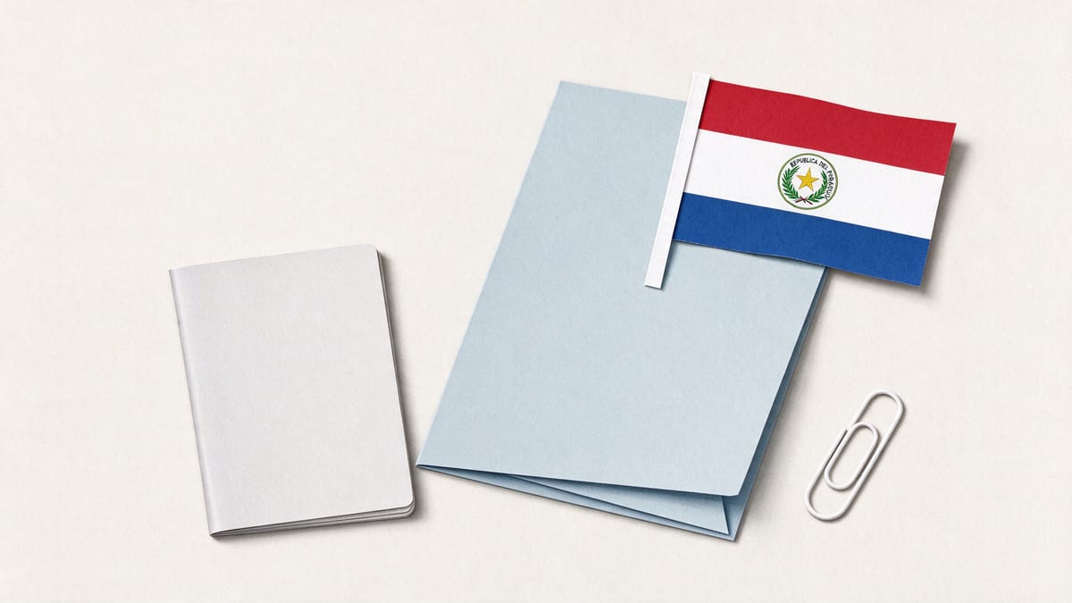 Conceptual scene: closed unmarked passport, document folder and a Paraguay flag.