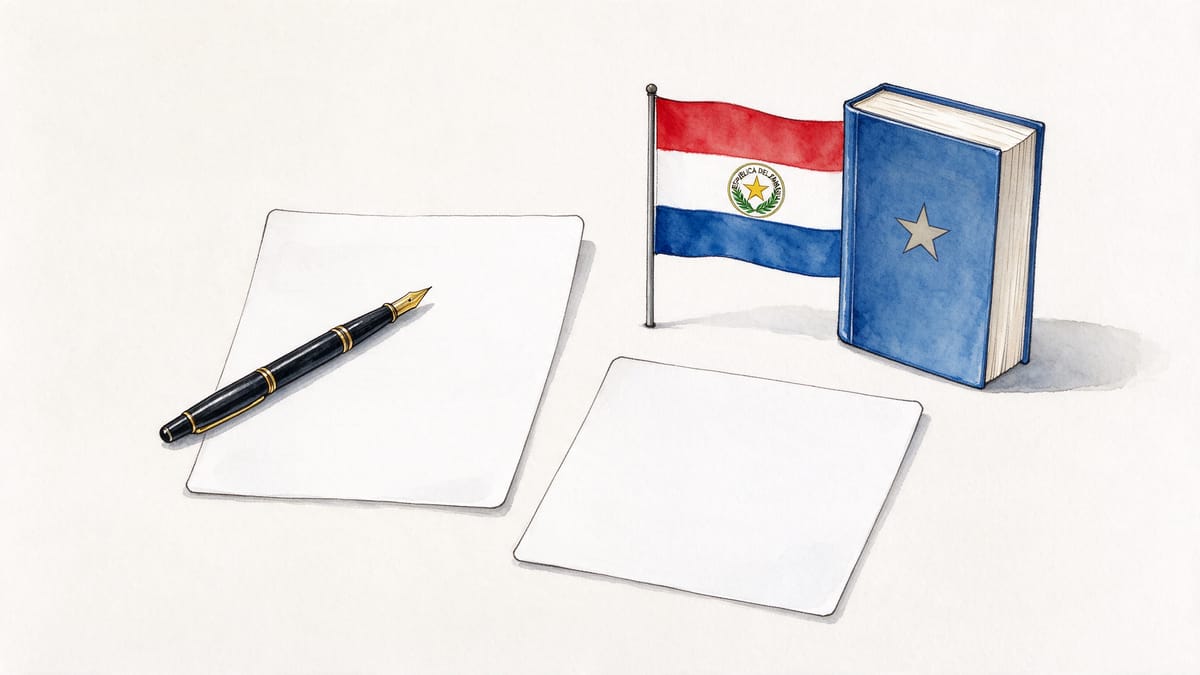 Conceptual scene: blank sheets, fountain pen, dictionary without lettering and a Paraguay flag.