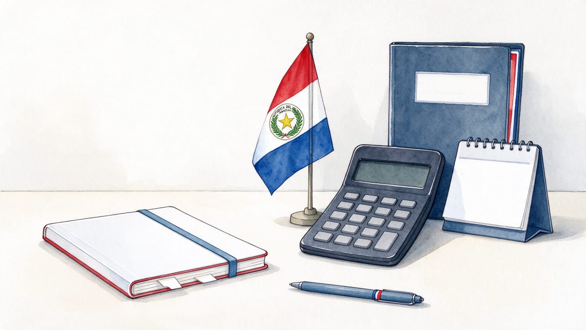 Conceptual scene: calculator without numbers, blank calendar, document folder and a Paraguay flag.