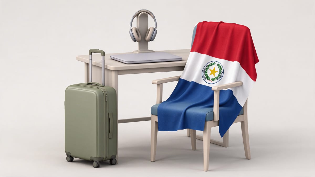 Conceptual scene: closed laptop, headphones, suitcase and a Paraguay flag.