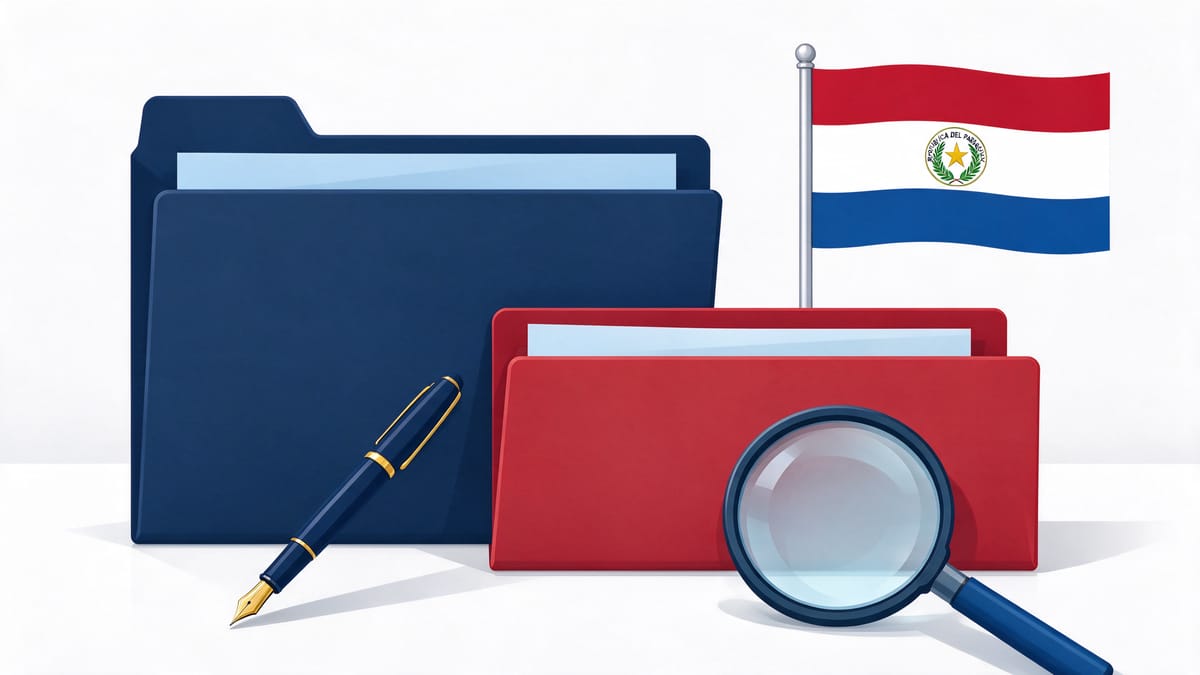 Conceptual scene: document folder, fountain pen, magnifying glass and a Paraguay flag.