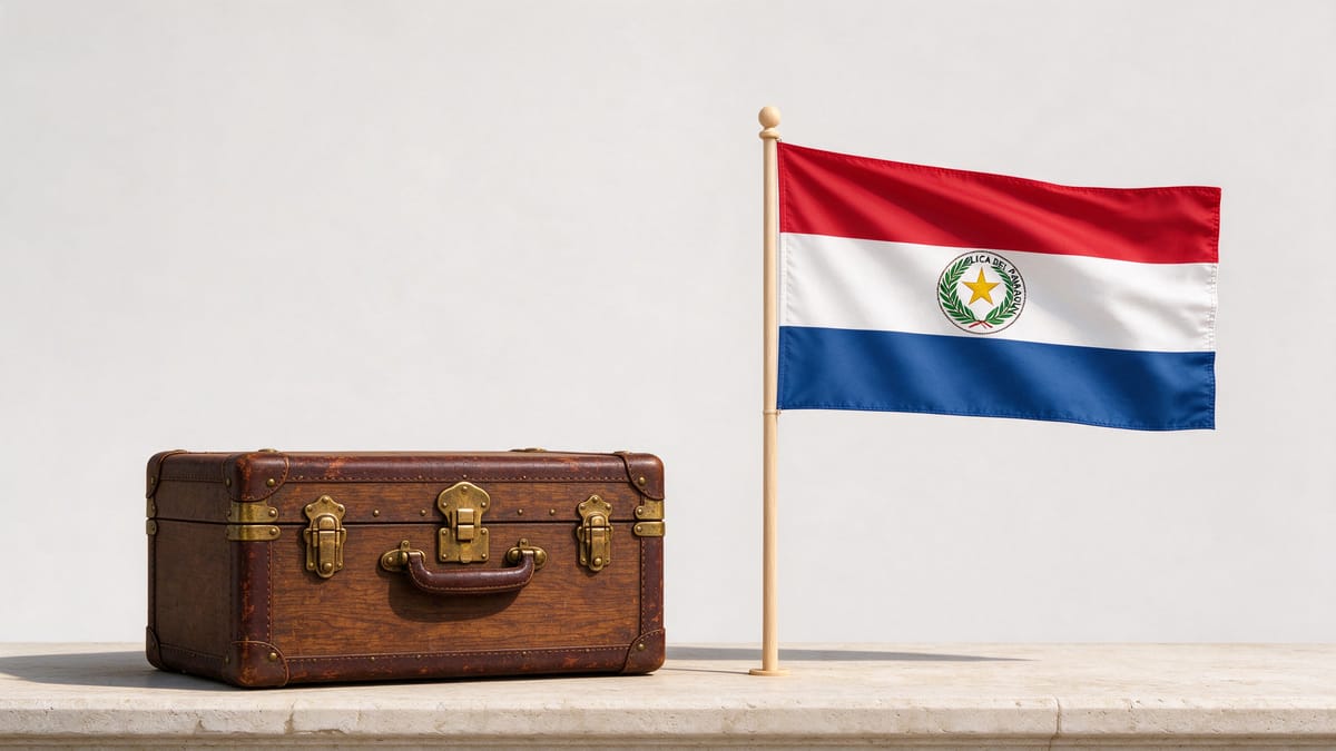 Conceptual scene: travel trunk and a Paraguay flag.