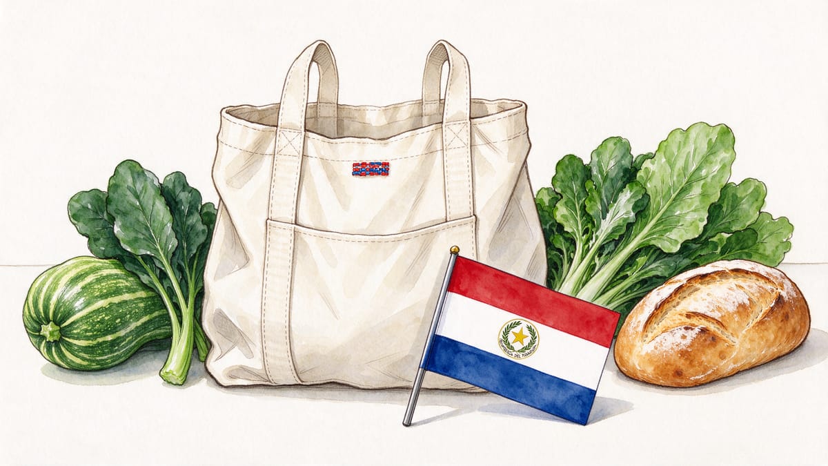 Conceptual scene: shopping bag, vegetables, bread and a Paraguay flag.