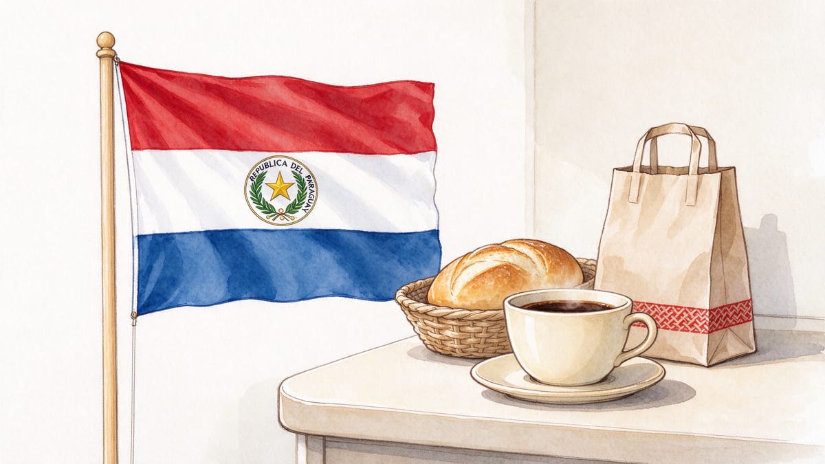 Conceptual scene: cup of coffee, bread, shopping bag and a Paraguay flag.