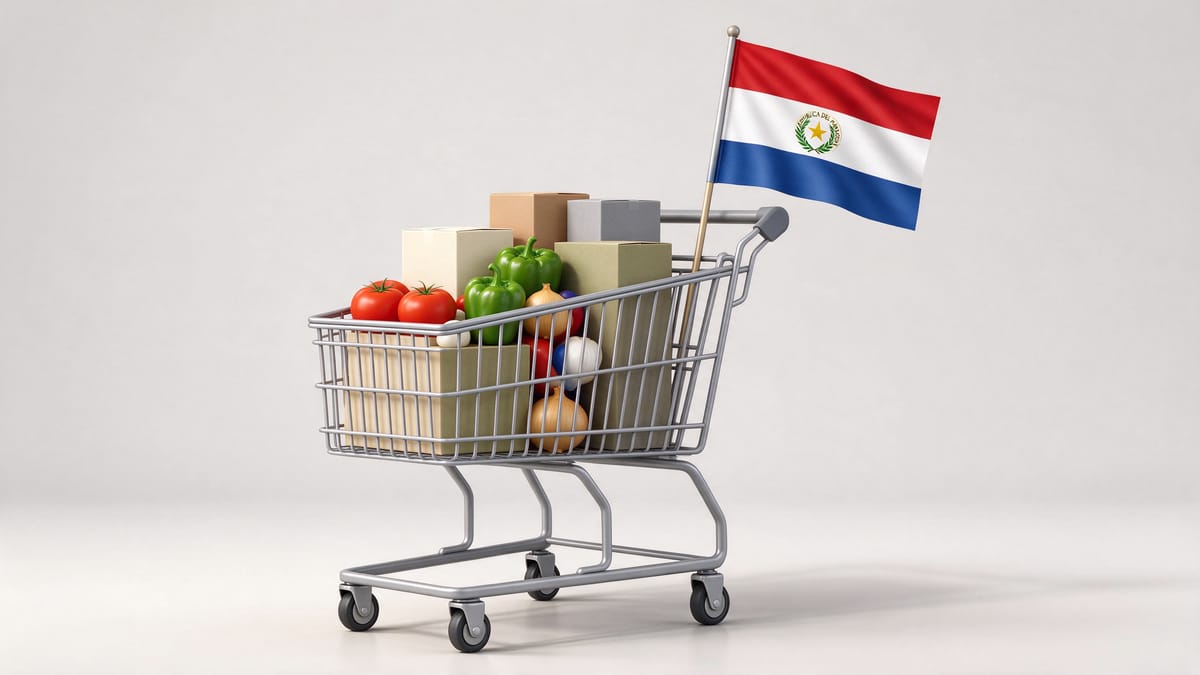 Conceptual scene: shopping trolley, vegetables and a Paraguay flag.